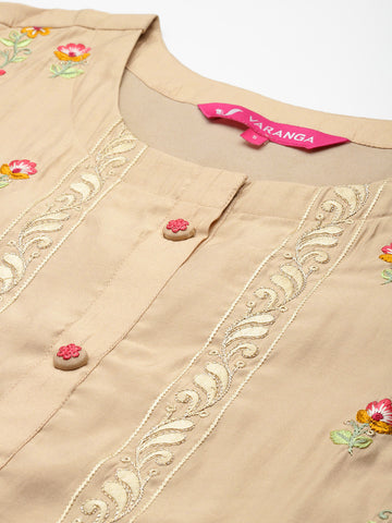 Varanga Women Beige Thread Embroidered Kurta With Organza Hem Paired Bottom And Dupatta